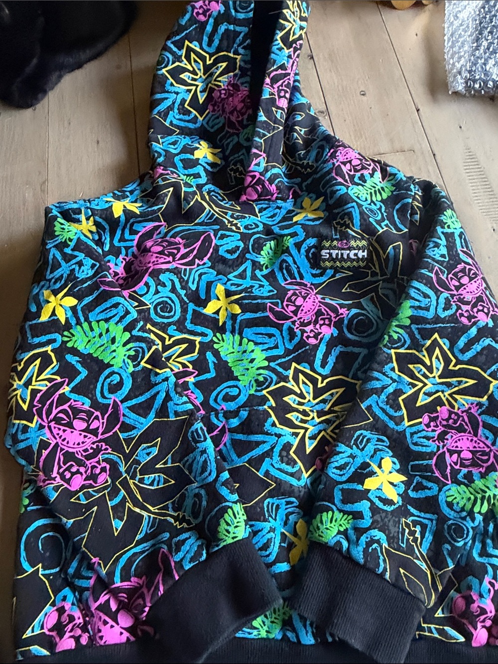 Stitch Neon Graphic Hoodie - Black with Pink, Blue, Green, Yellow Kids
